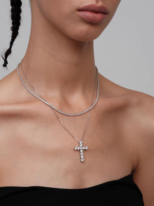 Sterling Silver Cross Necklace with CZ stones - The New Witch